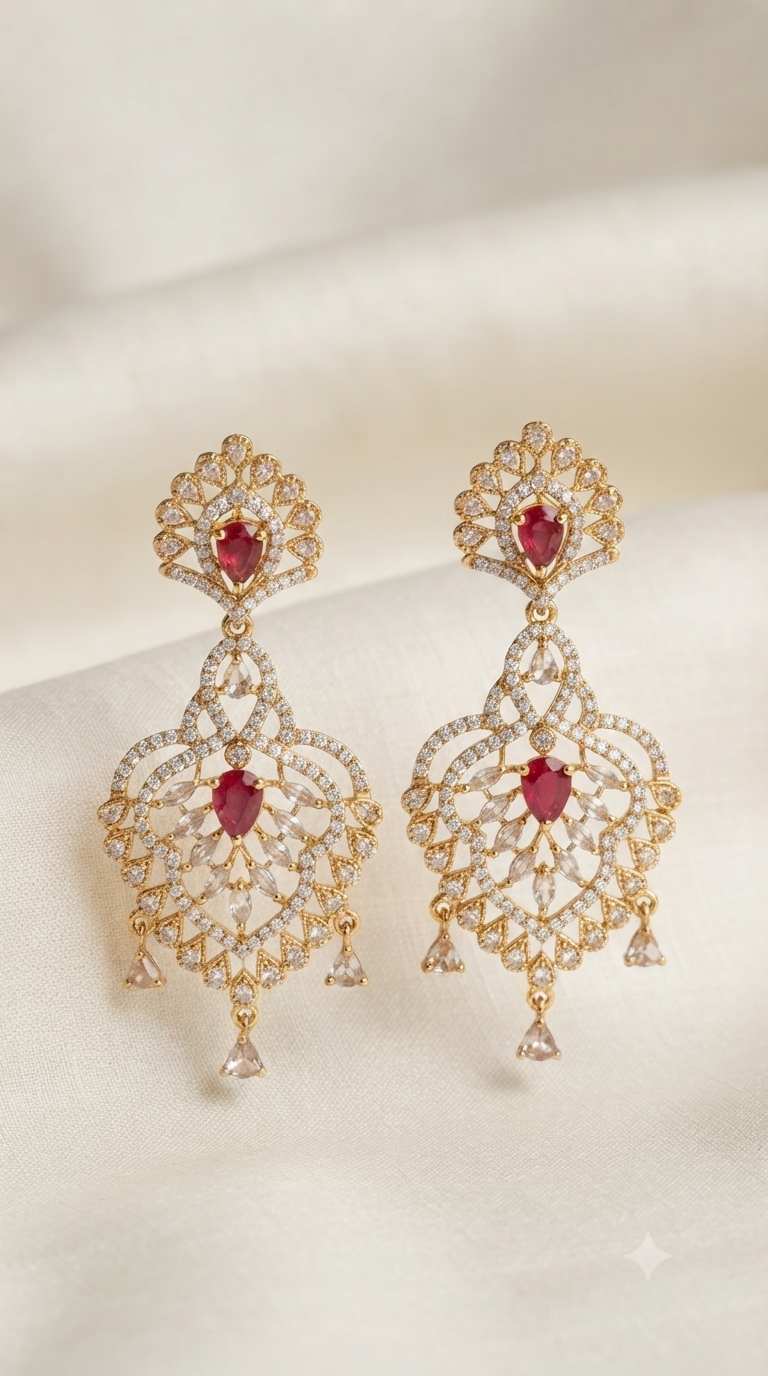 Ruby Pear Gold Lace Chandelier Earrings
