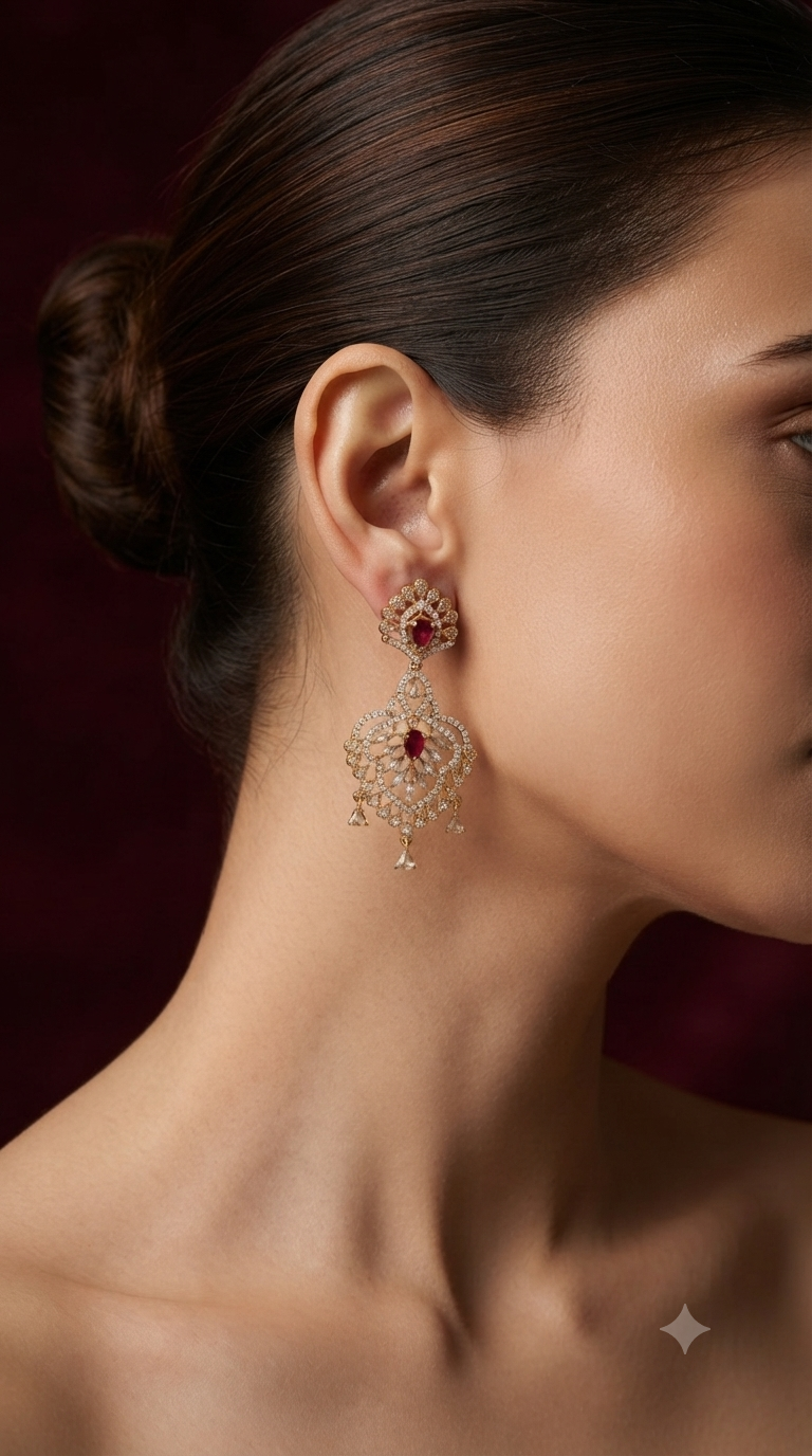 Ruby Pear Gold Lace Chandelier Earrings