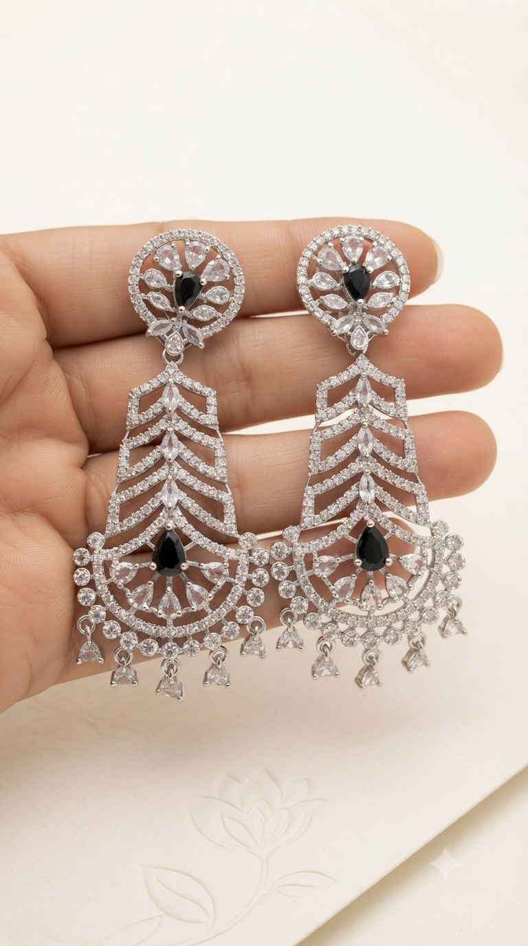 Onyx Chevron Silver Chandelier Earrings