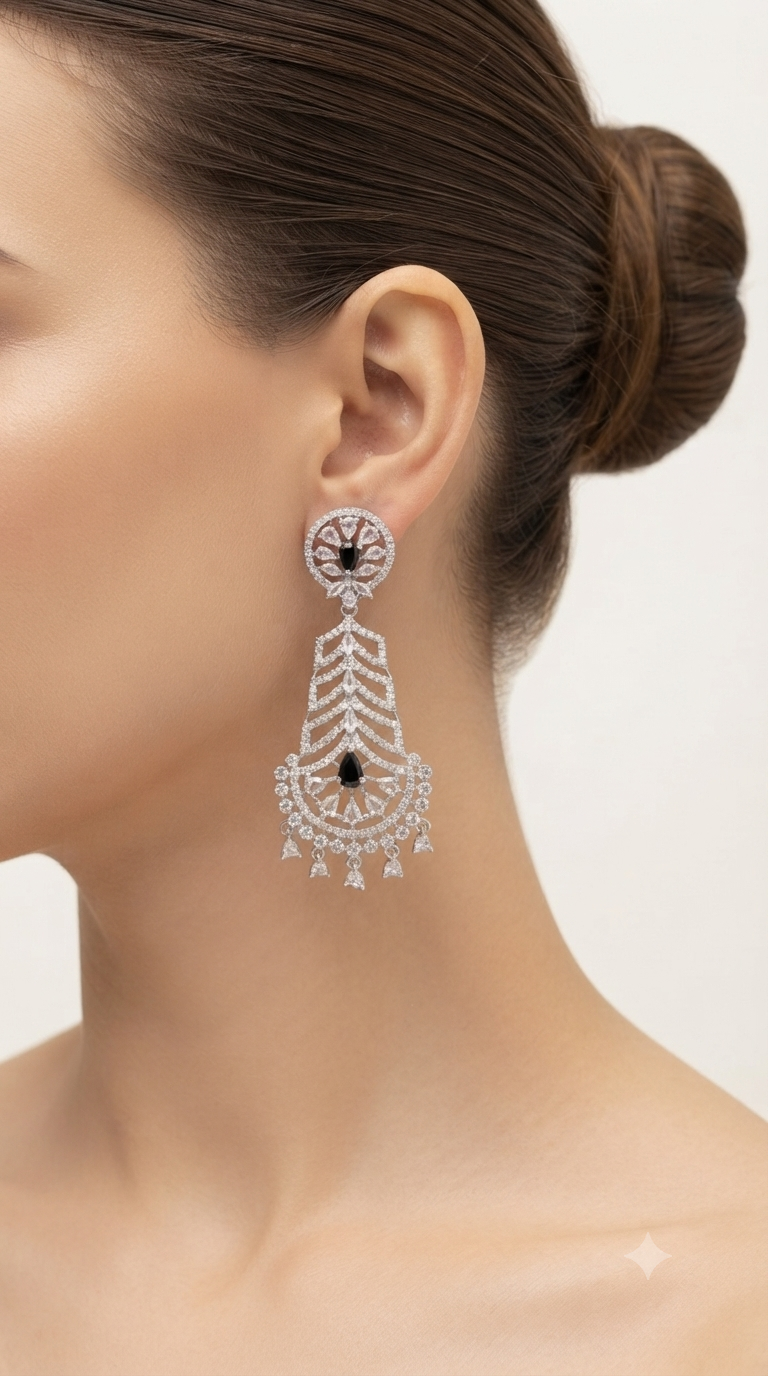 Onyx Chevron Silver Chandelier Earrings
