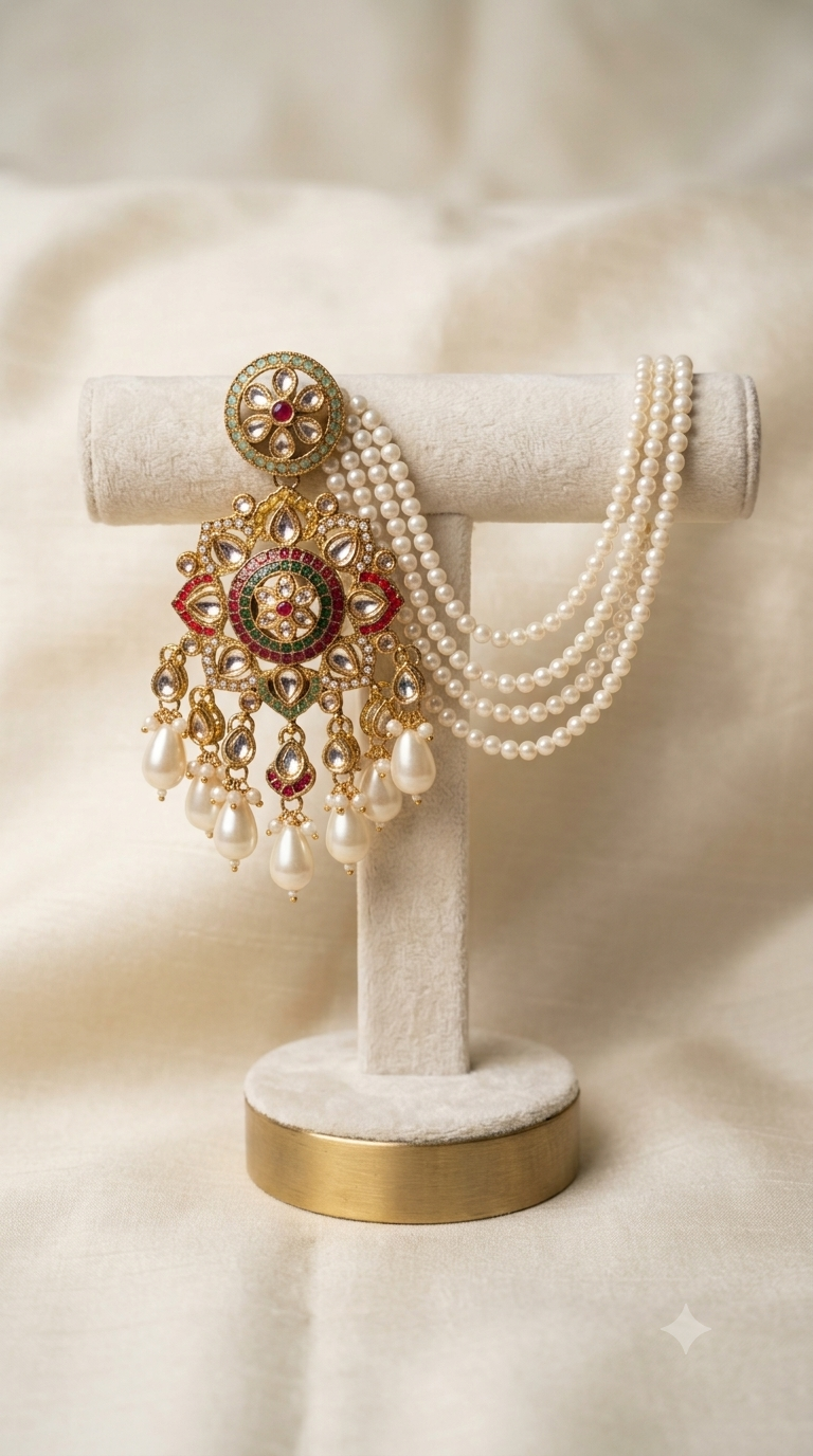 Kundan Meenakari Chandbali Earrings with Pearl Chain