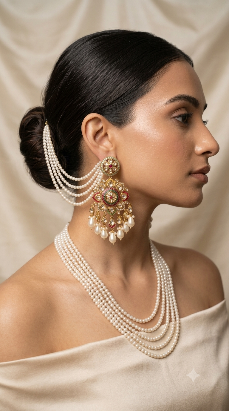 Kundan Meenakari Chandbali Earrings with Pearl Chain