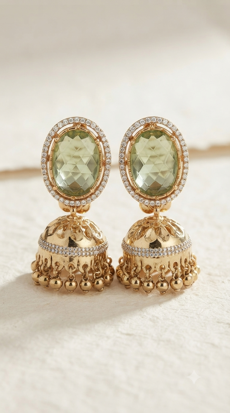 Mint Green Oval CZ Gold Jhumka Earrings