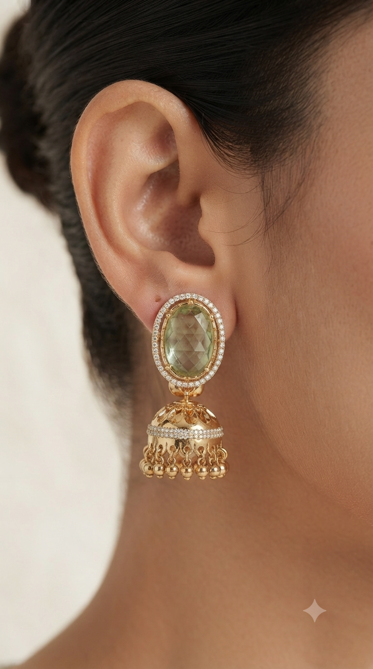 Mint Green Oval CZ Gold Jhumka Earrings