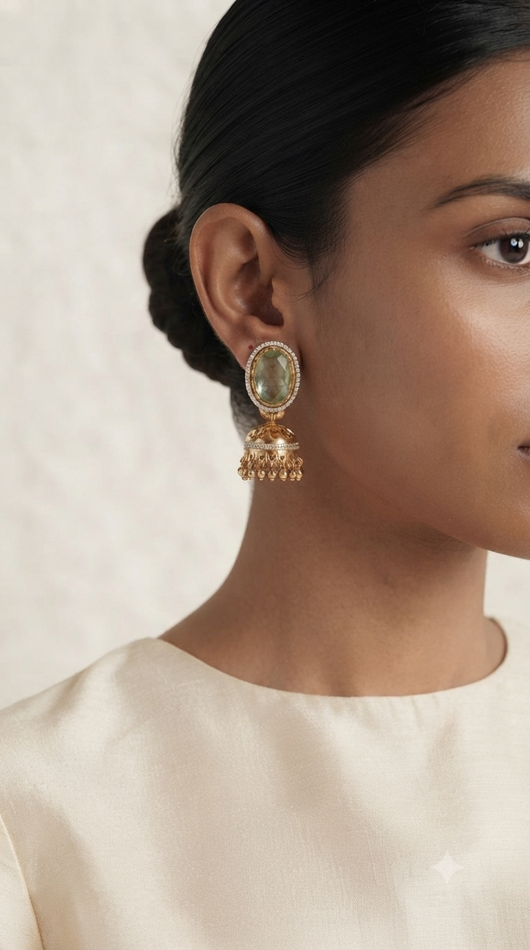 Mint Green Oval CZ Gold Jhumka Earrings