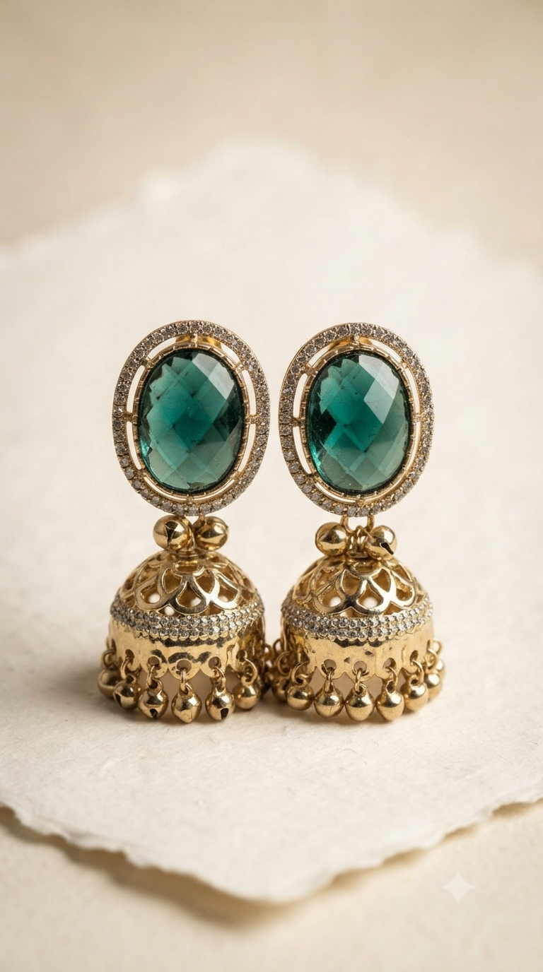 Mint Green Oval CZ Gold Jhumka Earrings