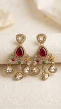 Ruby Kundan Polki Chandelier Earrings with Multicolour Gems