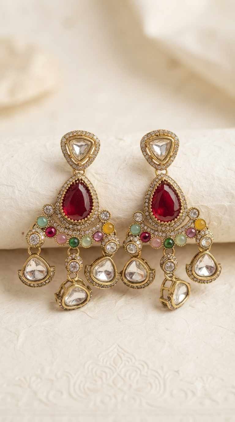 Ruby Kundan Polki Chandelier Earrings with Multicolour Gems