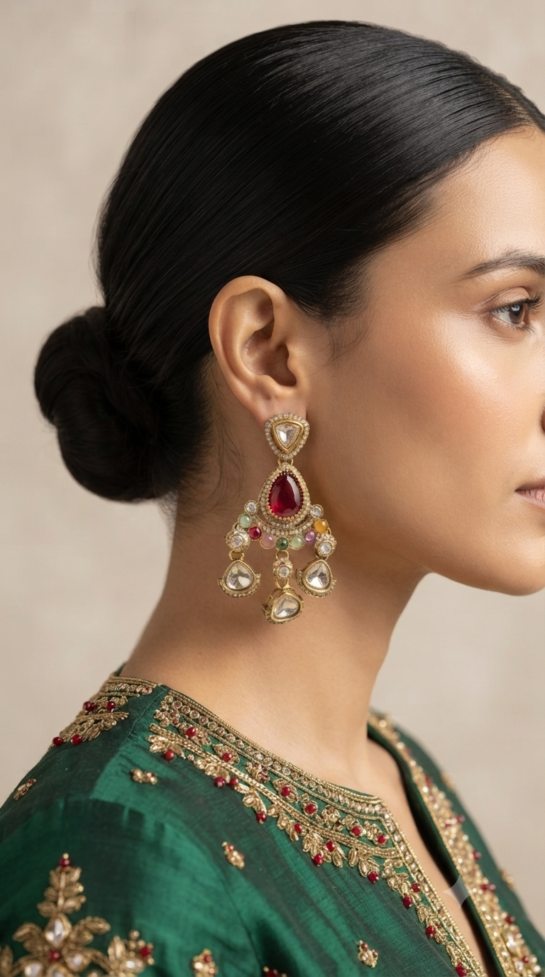Ruby Kundan Polki Chandelier Earrings with Multicolour Gems
