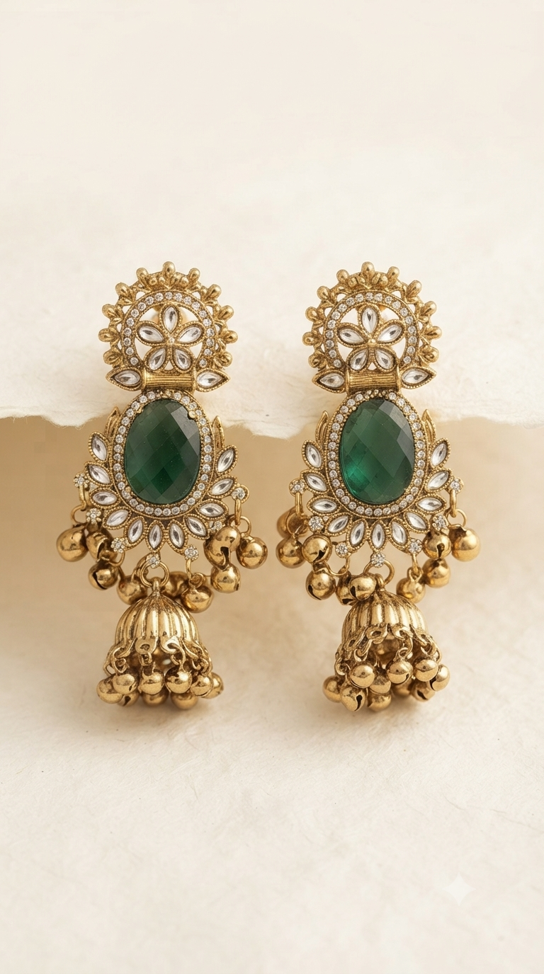 Green Stone Oxidized Gold Jhumka Earrings