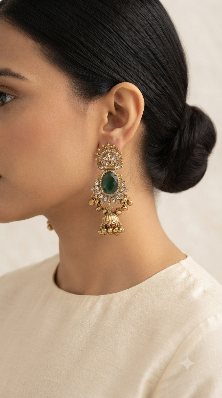 Green Stone Oxidized Gold Jhumka Earrings