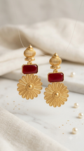 Carnelian Temple Sunflower Disc Gold Drop Earrings