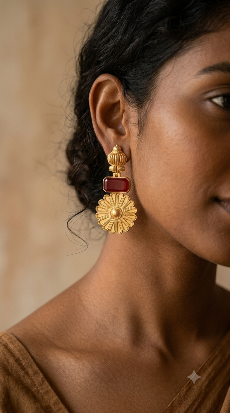 Carnelian Temple Sunflower Disc Gold Drop Earrings