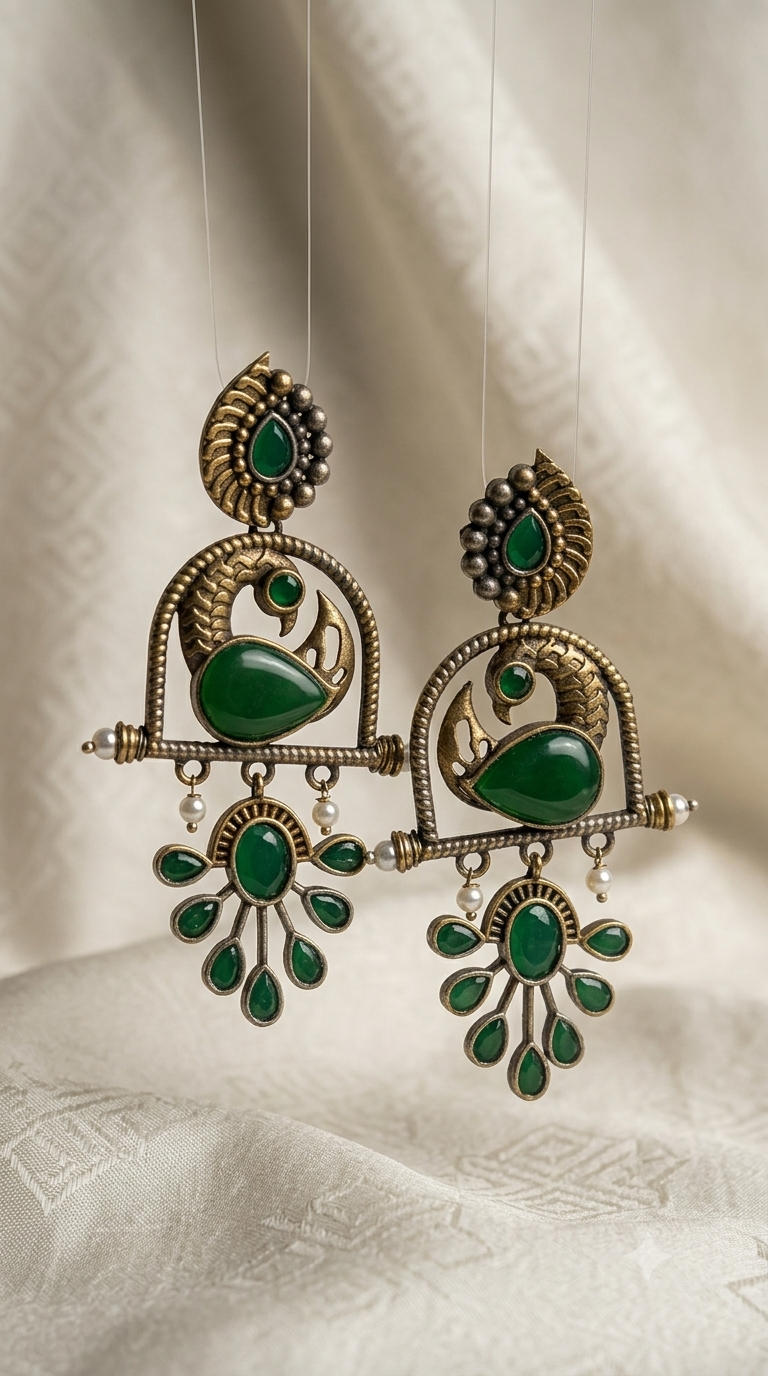 Emerald Green Peacock Oxidised Silver Chandbali Earrings