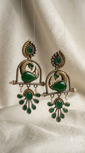 Emerald Green Peacock Oxidised Silver Chandbali Earrings