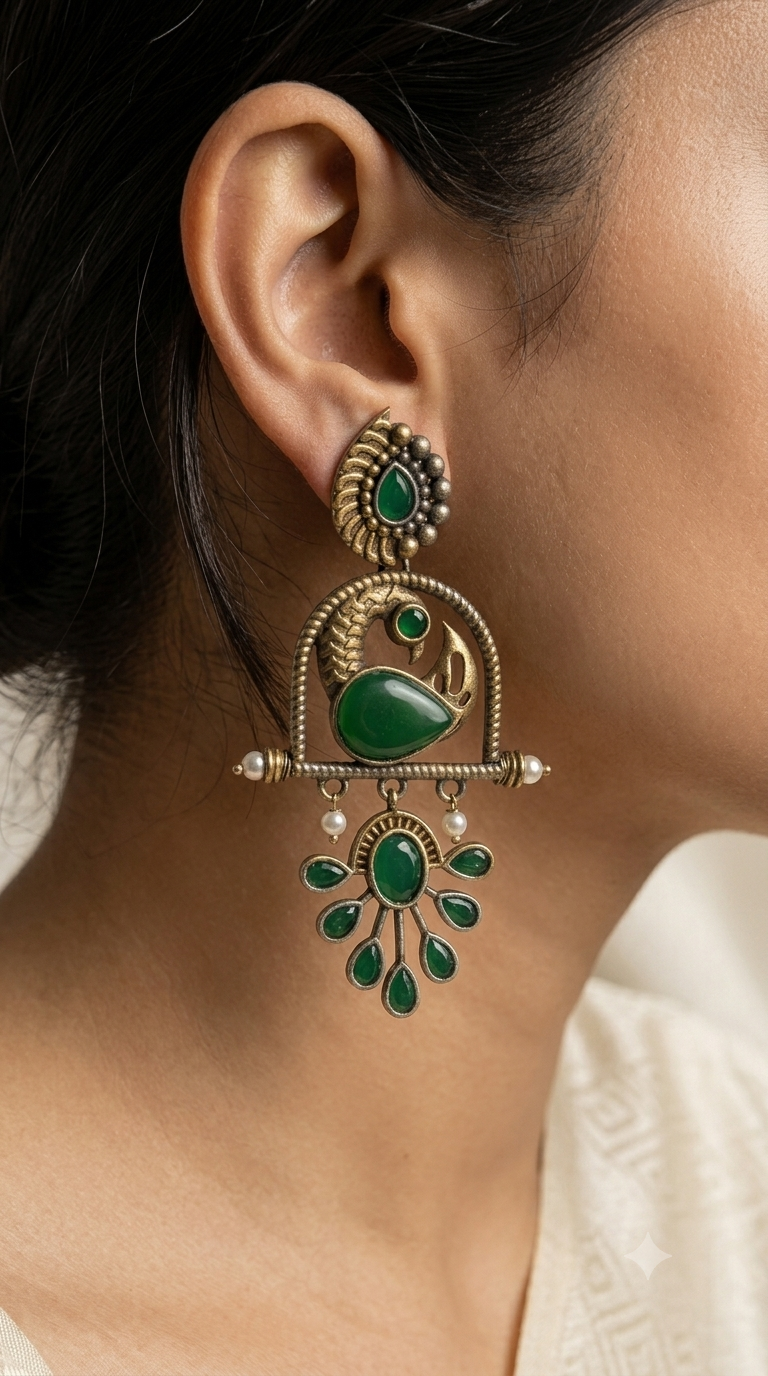 Emerald Green Peacock Oxidised Silver Chandbali Earrings