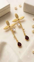 Garnet Teardrop Botanical Leaf Gold Drop Earrings
