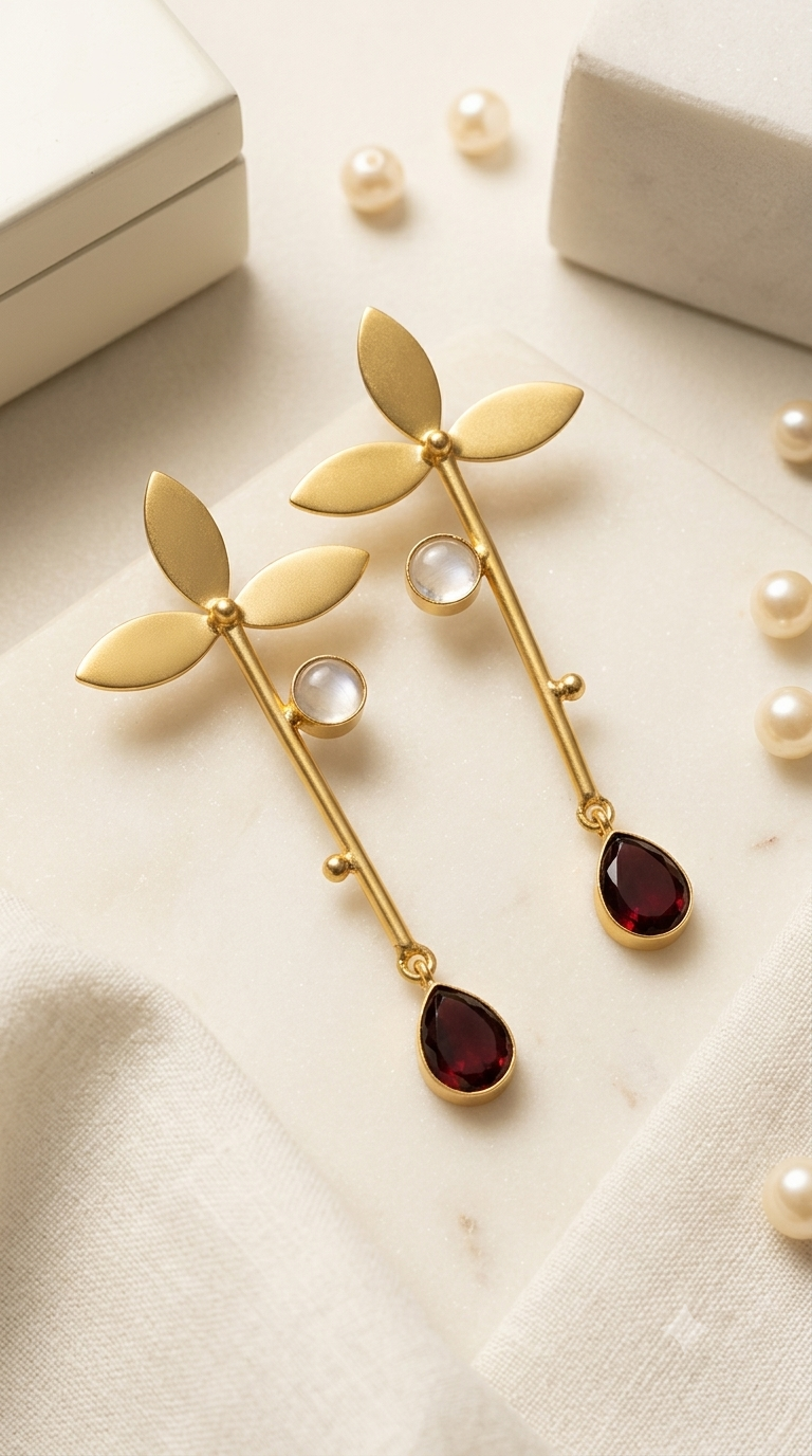 Garnet Teardrop Botanical Leaf Gold Drop Earrings