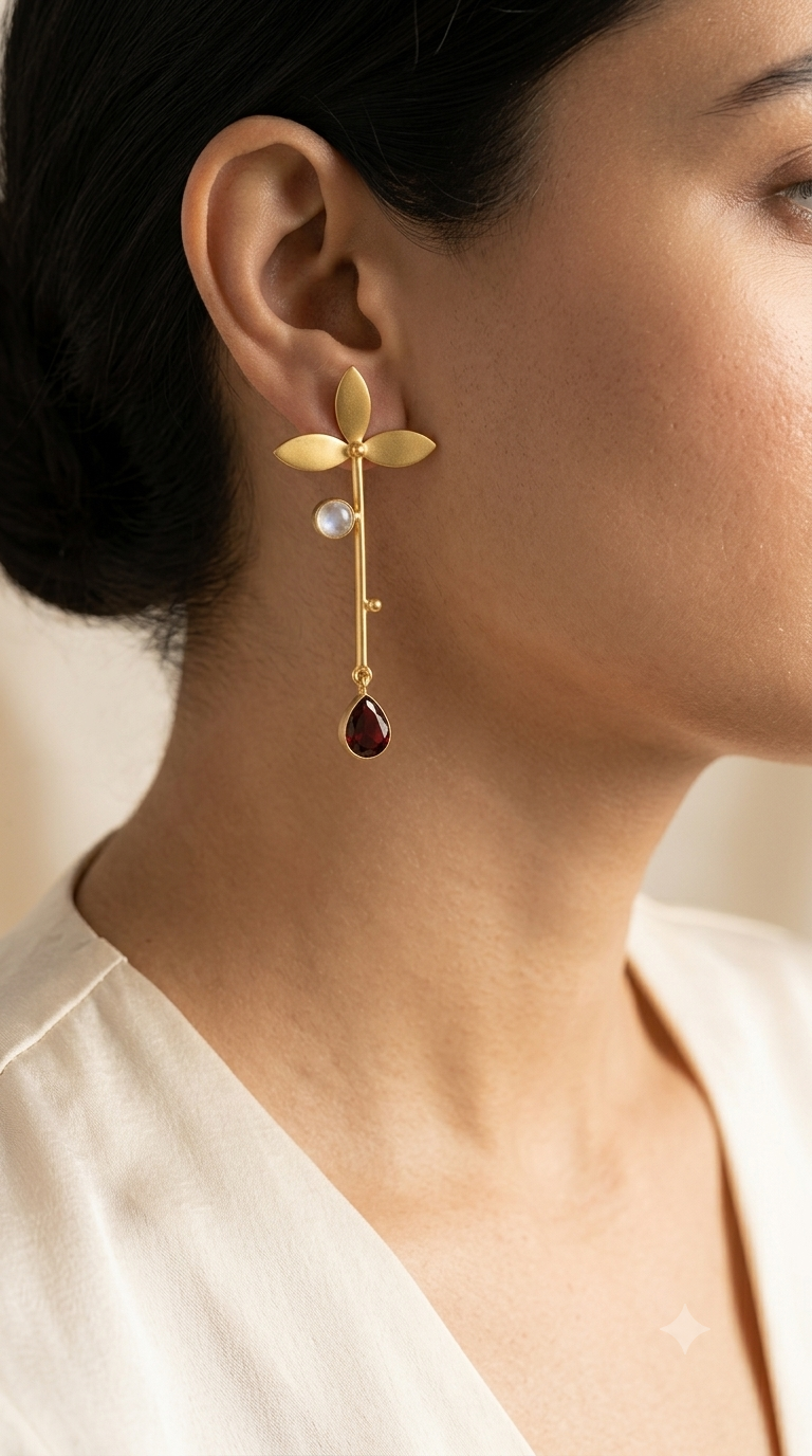Garnet Teardrop Botanical Leaf Gold Drop Earrings