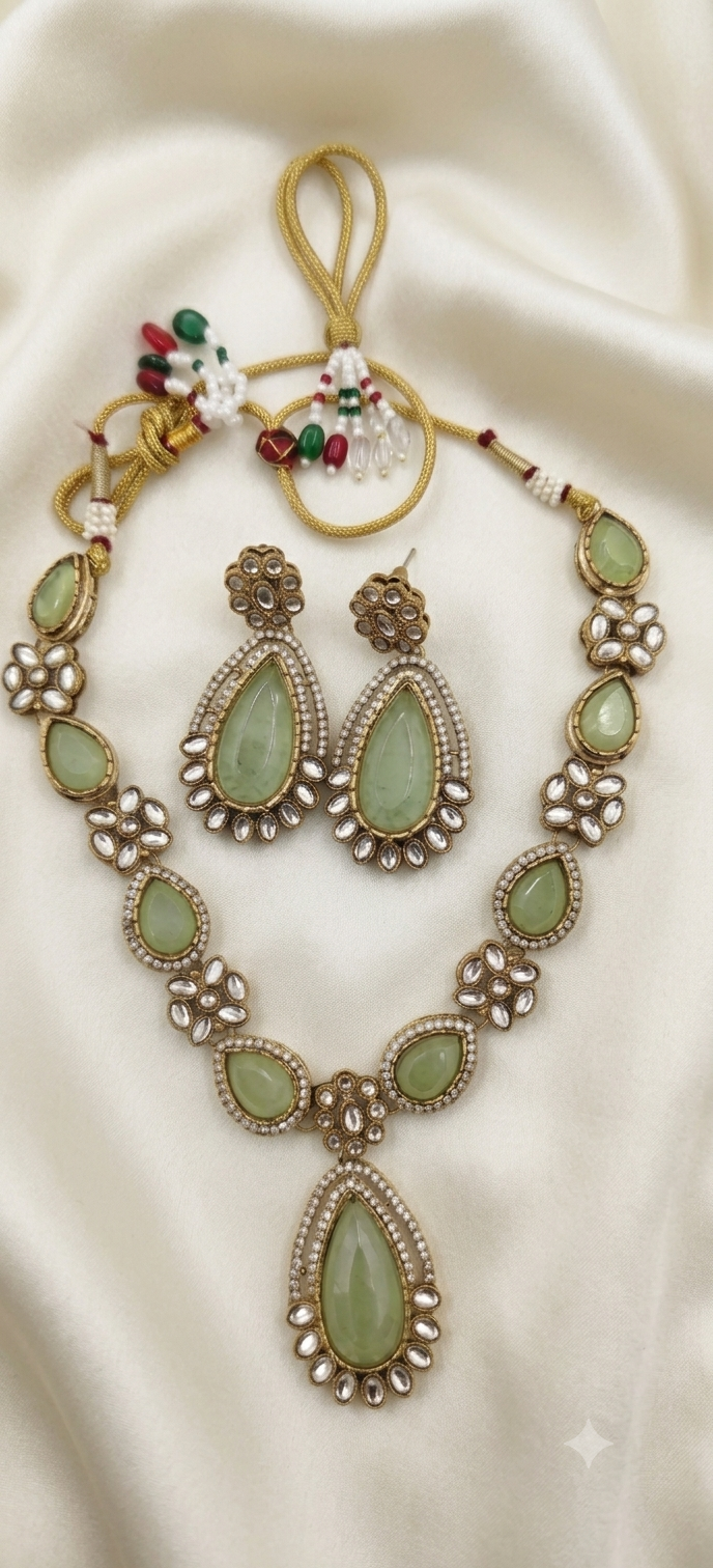 Mint Green Kundan Necklace Set with Floral Drop Earrings
