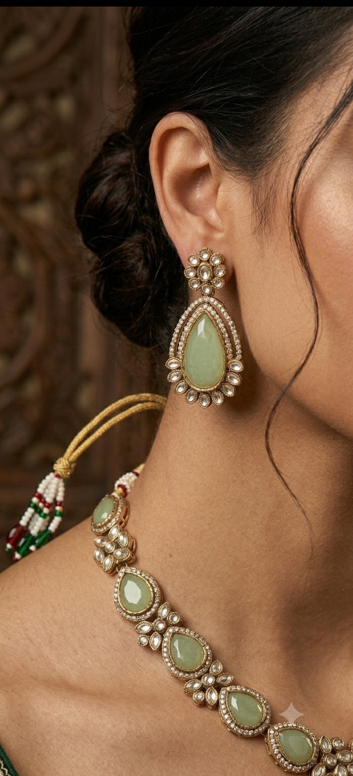 Mint Green Kundan Necklace Set with Floral Drop Earrings