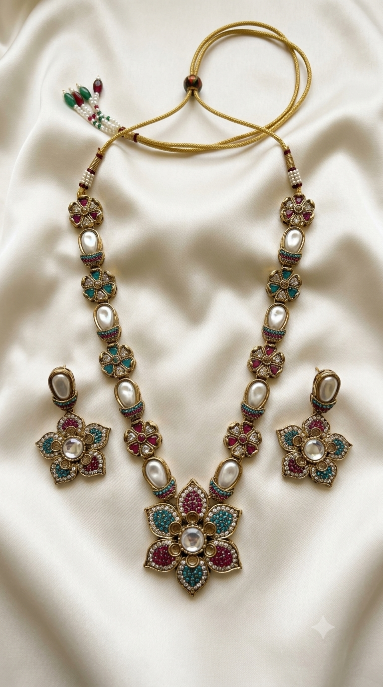 Multicolor Floral Kundan Necklace Set with Pearl Link Chain