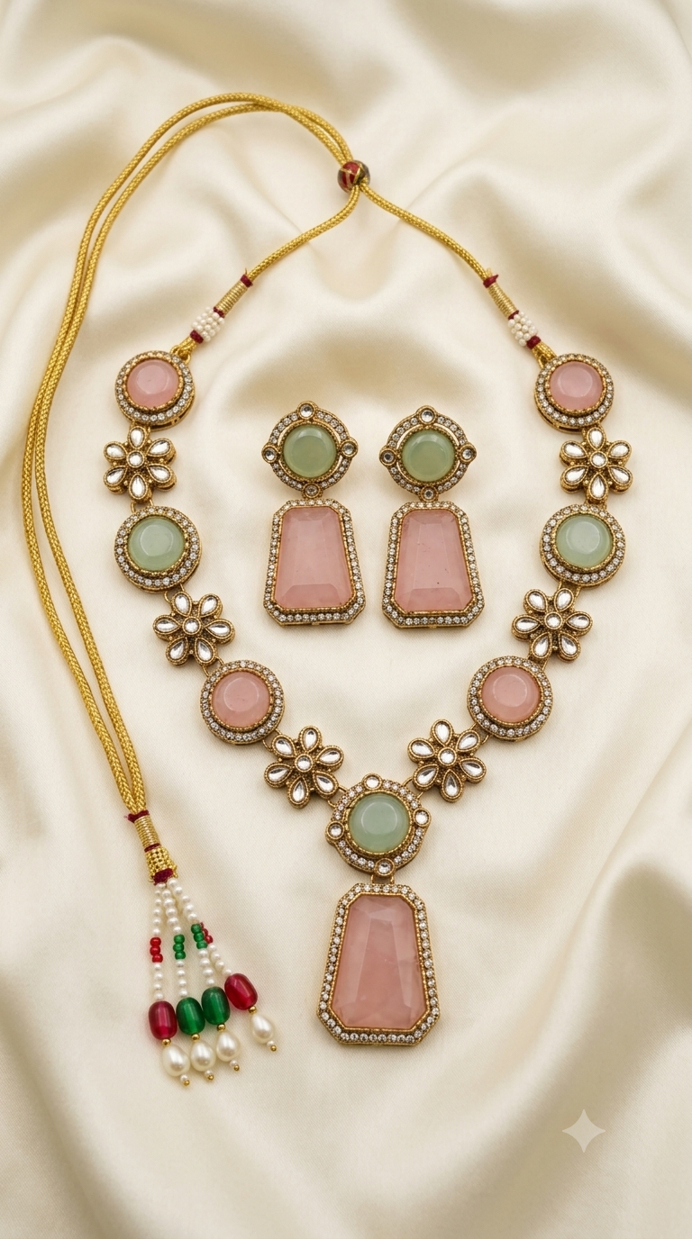 Pink & Mint Kundan Necklace Set with Rectangular Pendant