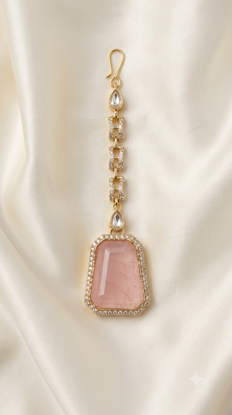 Pink & Mint Kundan Necklace Set with Rectangular Pendant