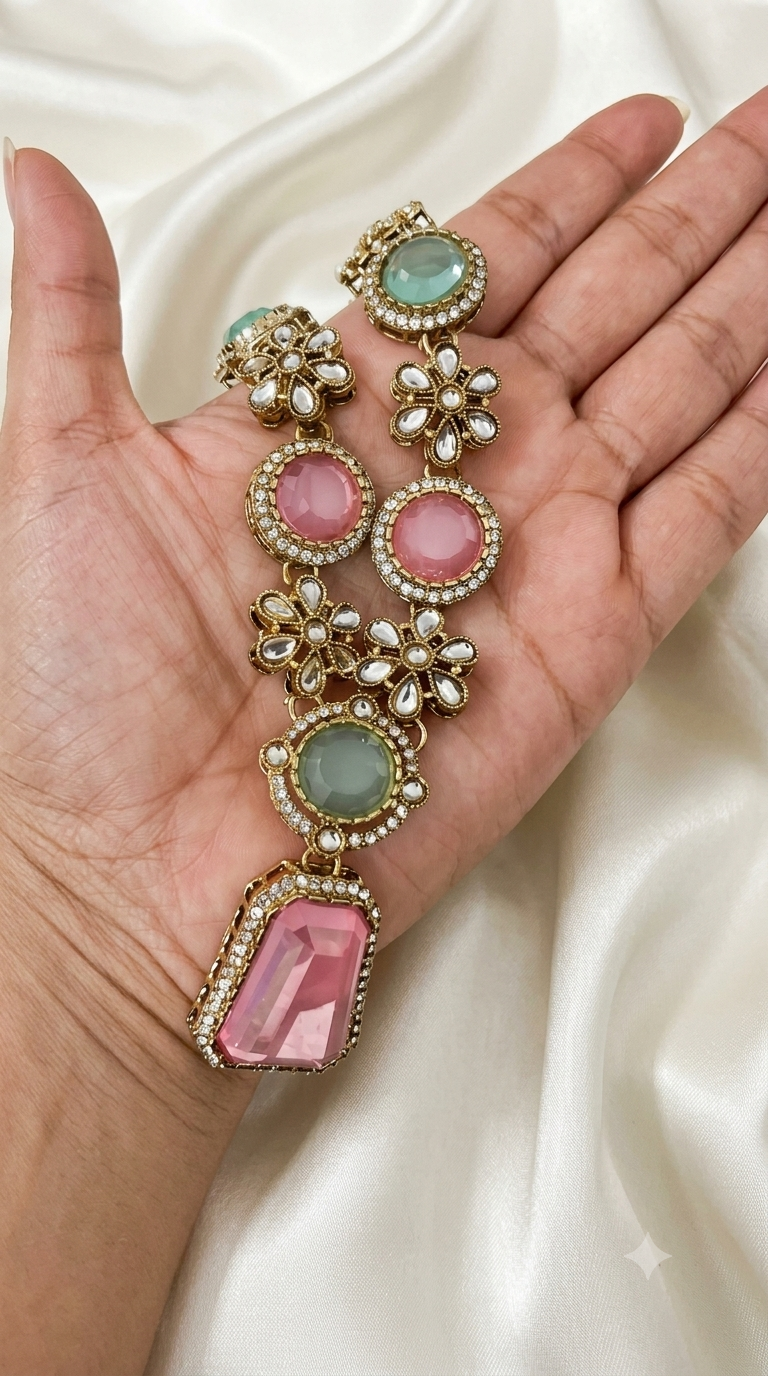 Pink & Mint Kundan Necklace Set with Rectangular Pendant
