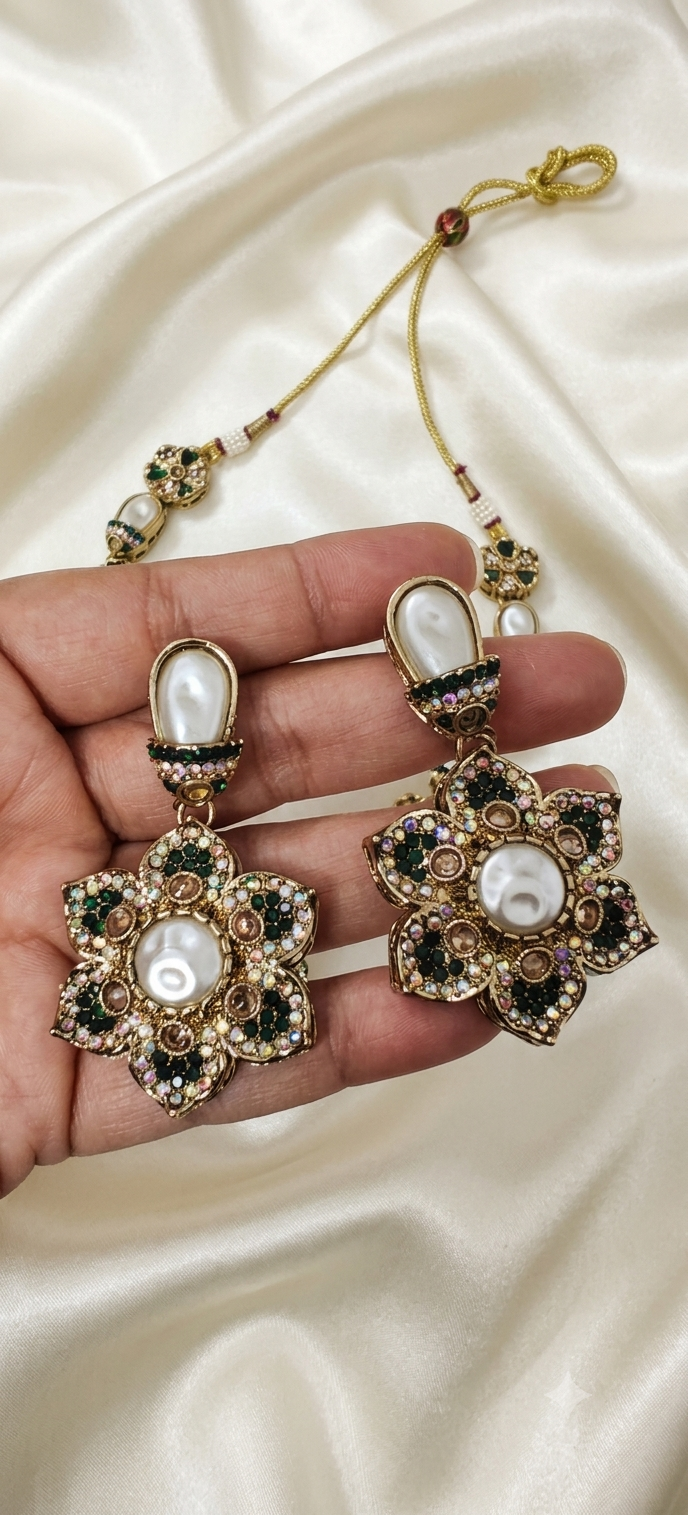 Antique Kundan Floral Necklace Set with Pearl Link Chain