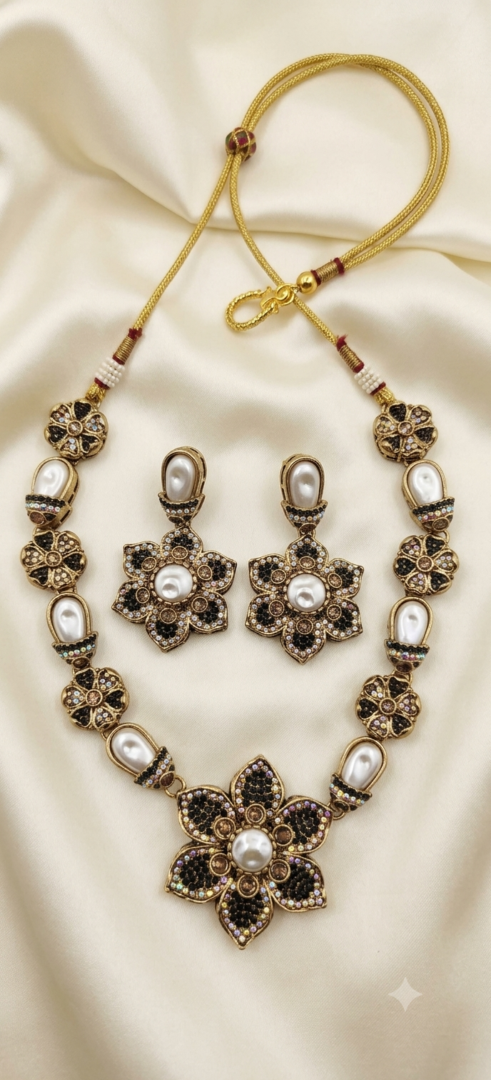 Antique Kundan Floral Necklace Set with Pearl Link Chain