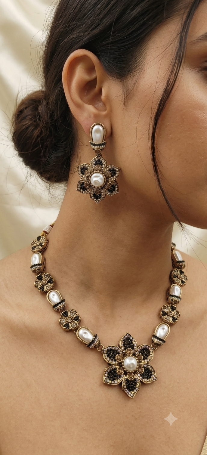 Antique Kundan Floral Necklace Set with Pearl Link Chain