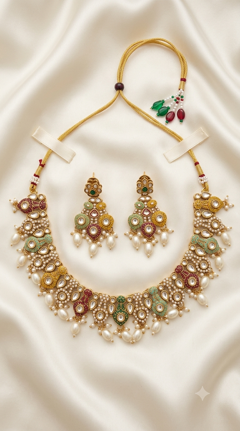 Multicolor Kundan Chandelier Necklace Set with Pearl Drops