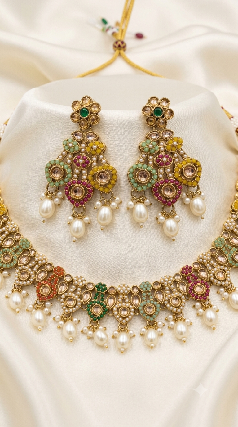 Multicolor Kundan Chandelier Necklace Set with Pearl Drops