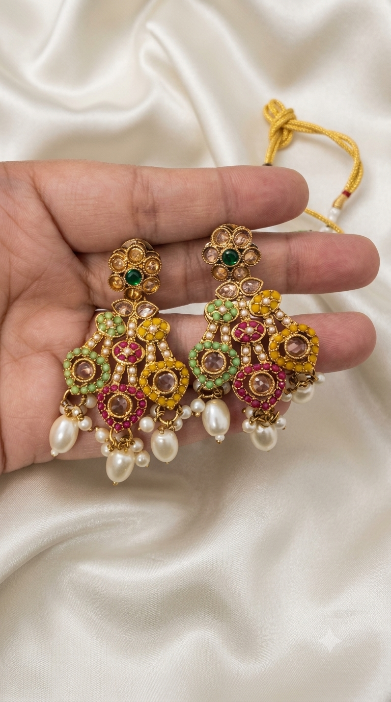 Multicolor Kundan Chandelier Necklace Set with Pearl Drops