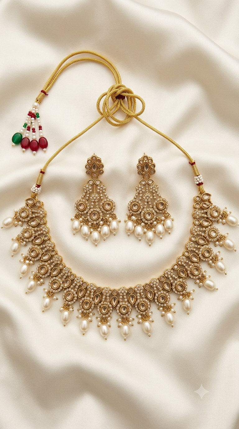 Bridal Pearl Kundan Necklace Set with Pearl Fringe