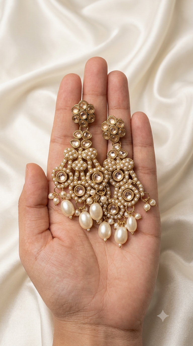 Bridal Pearl Kundan Necklace Set with Pearl Fringe