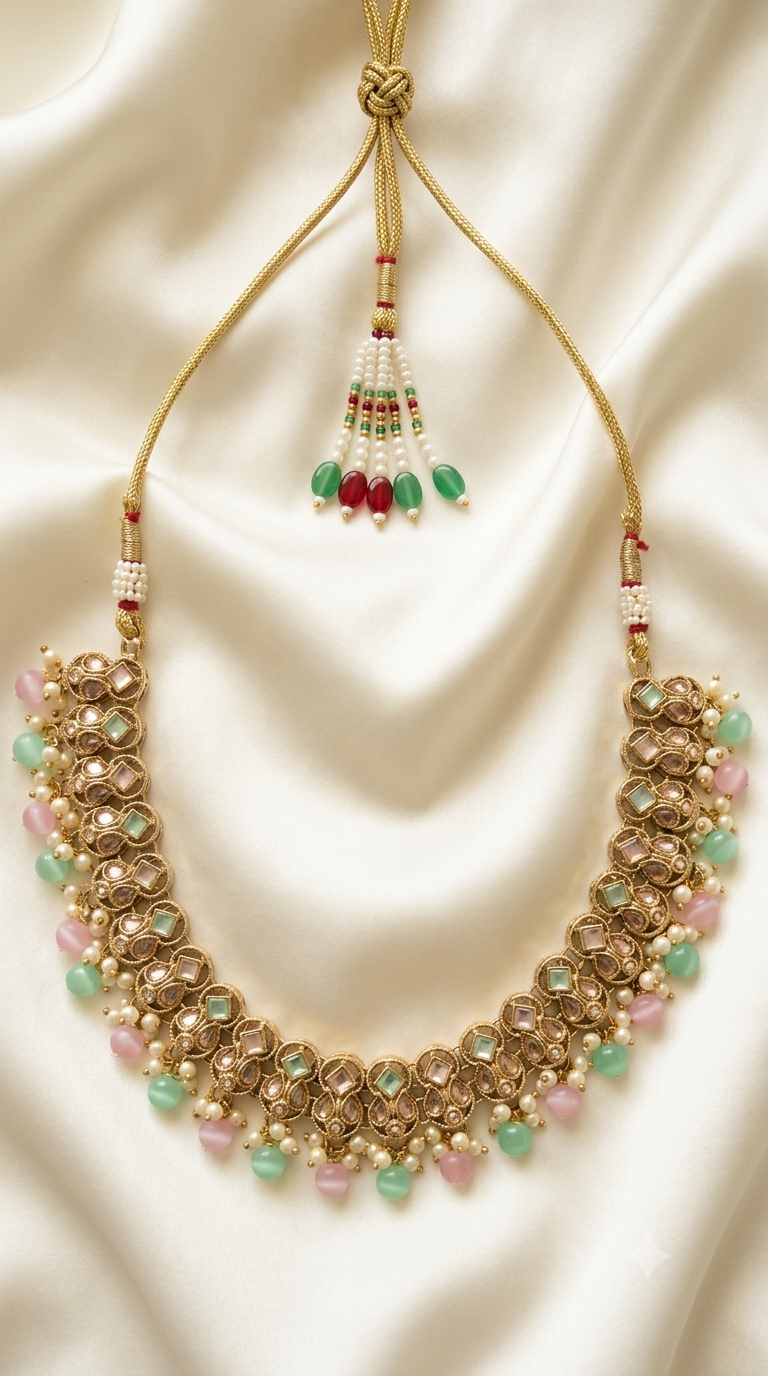Pink & Mint Kundan Collar Necklace with Beaded Fringe