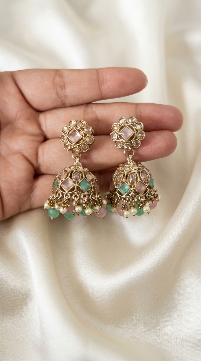 Pink & Mint Kundan Collar Necklace with Beaded Fringe