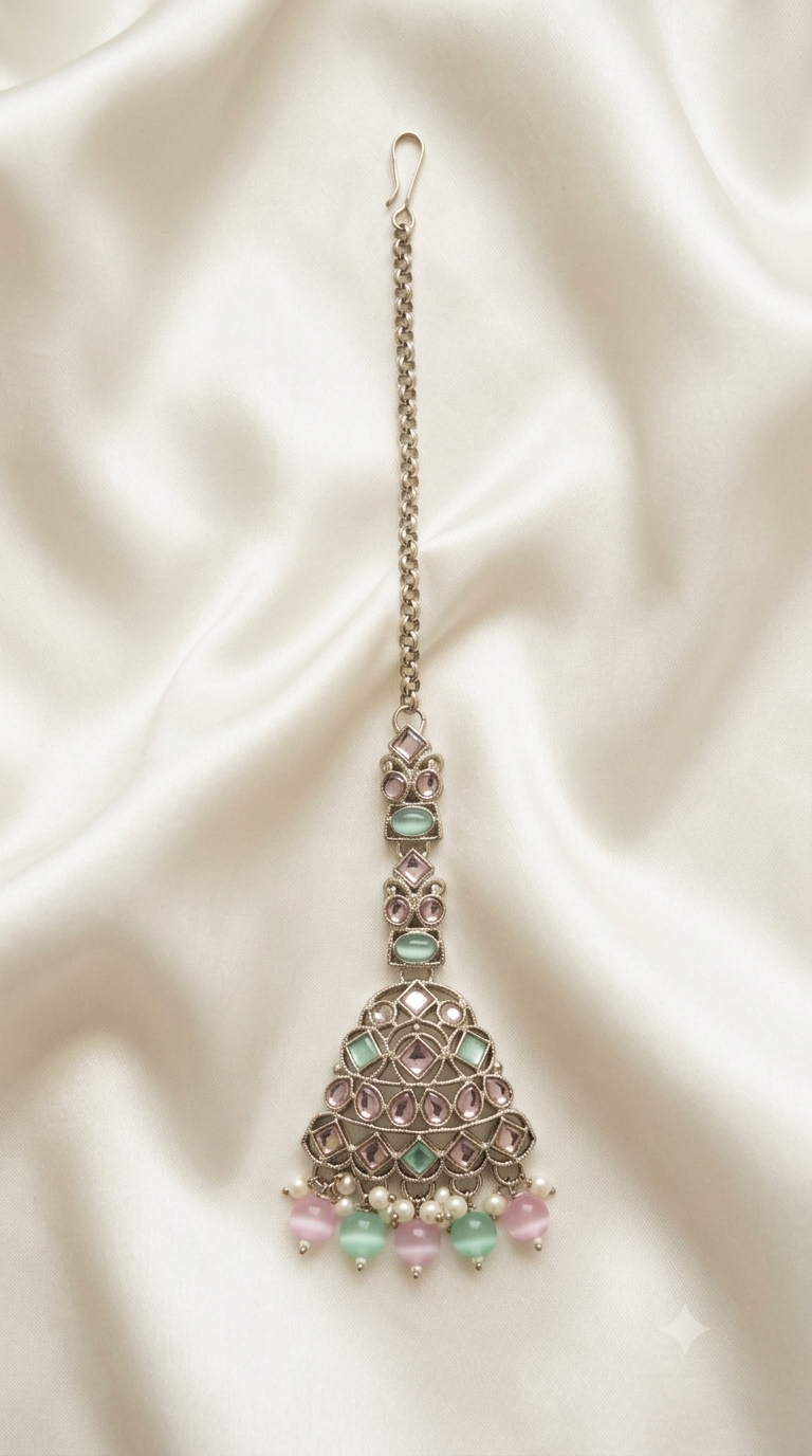 Pink & Mint Kundan Collar Necklace with Beaded Fringe