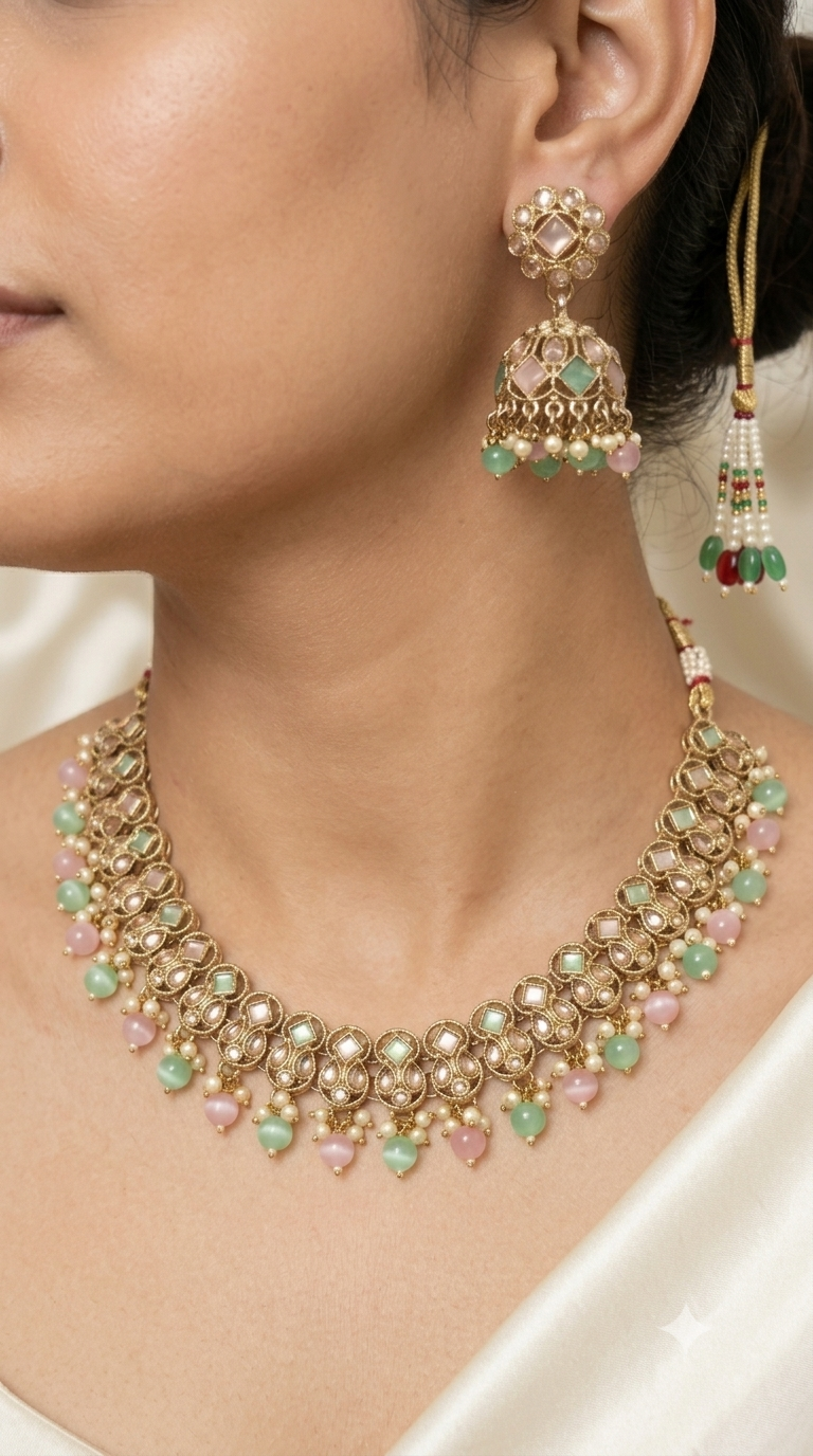Pink & Mint Kundan Collar Necklace with Beaded Fringe