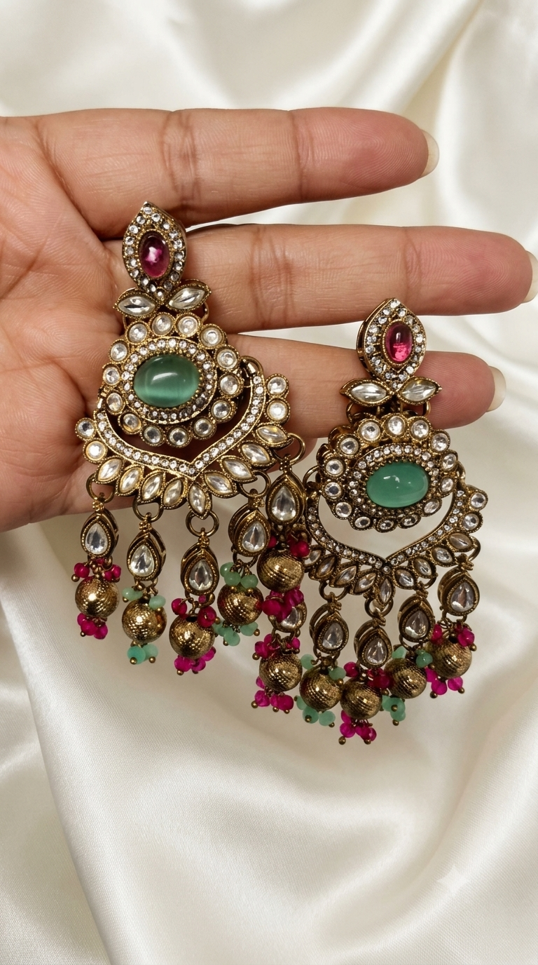 Green & Pink Kundan Jhumka Earrings with Gold Ghungroo Drops