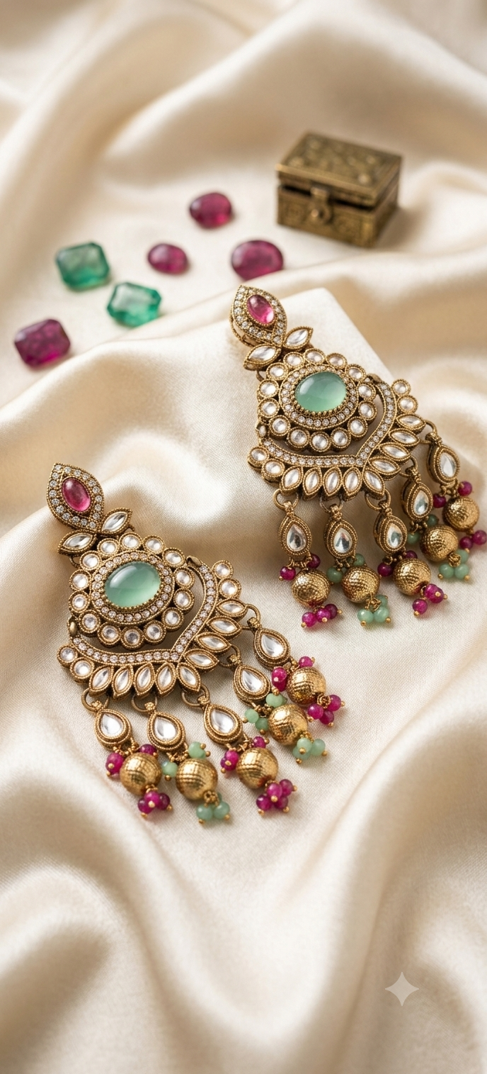 Green & Pink Kundan Jhumka Earrings with Gold Ghungroo Drops