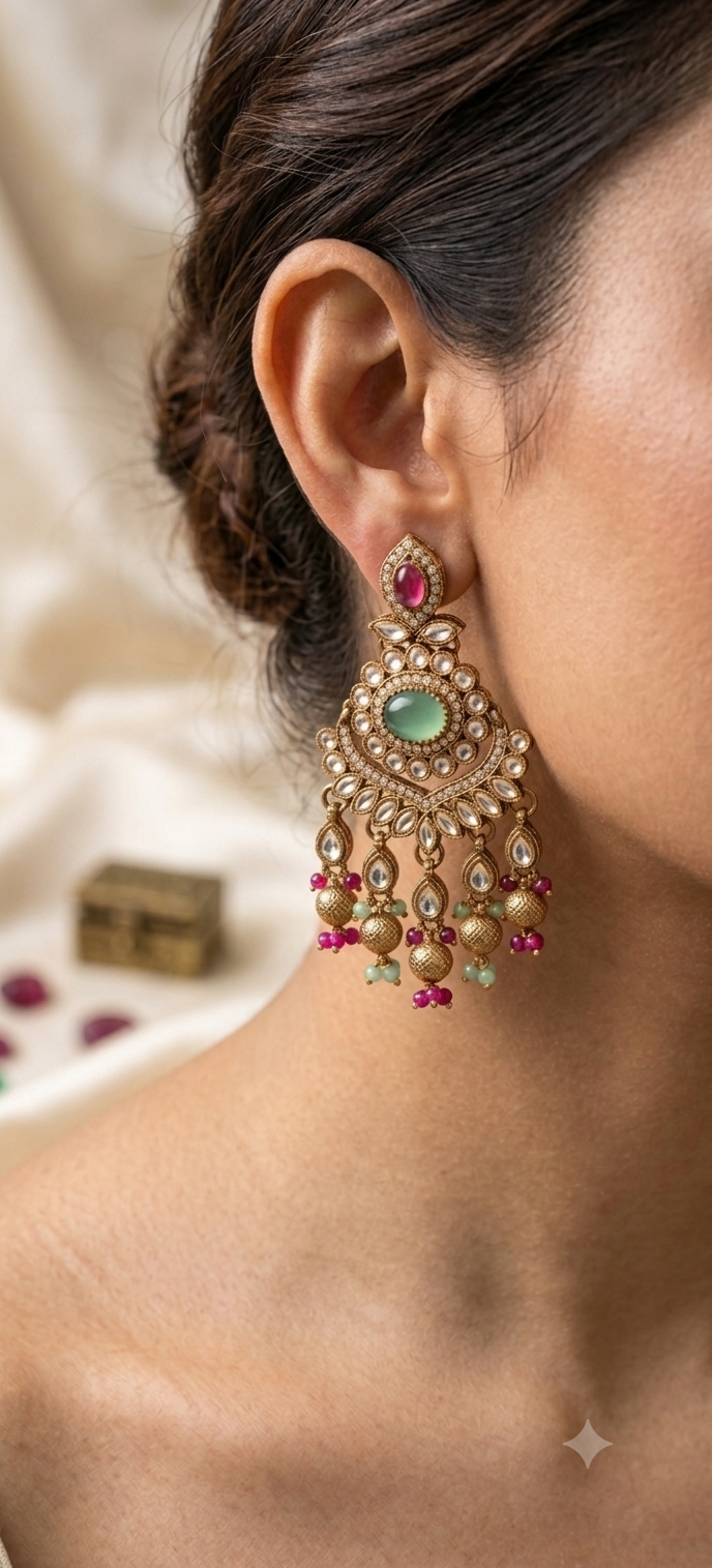 Green & Pink Kundan Jhumka Earrings with Gold Ghungroo Drops