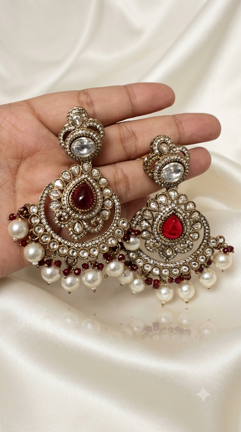 Maroon Red Kundan Chandbali Earrings with Pearl Drops