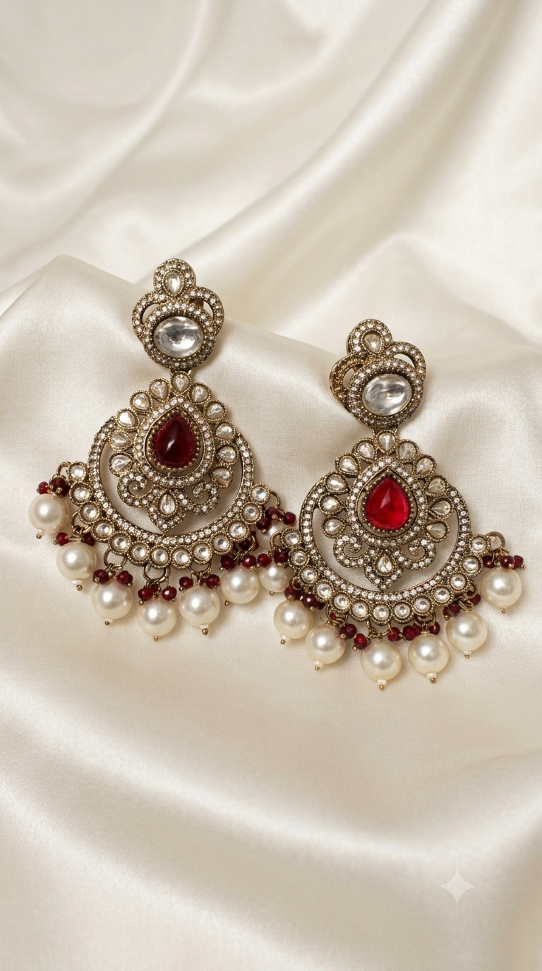 Maroon Red Kundan Chandbali Earrings with Pearl Drops
