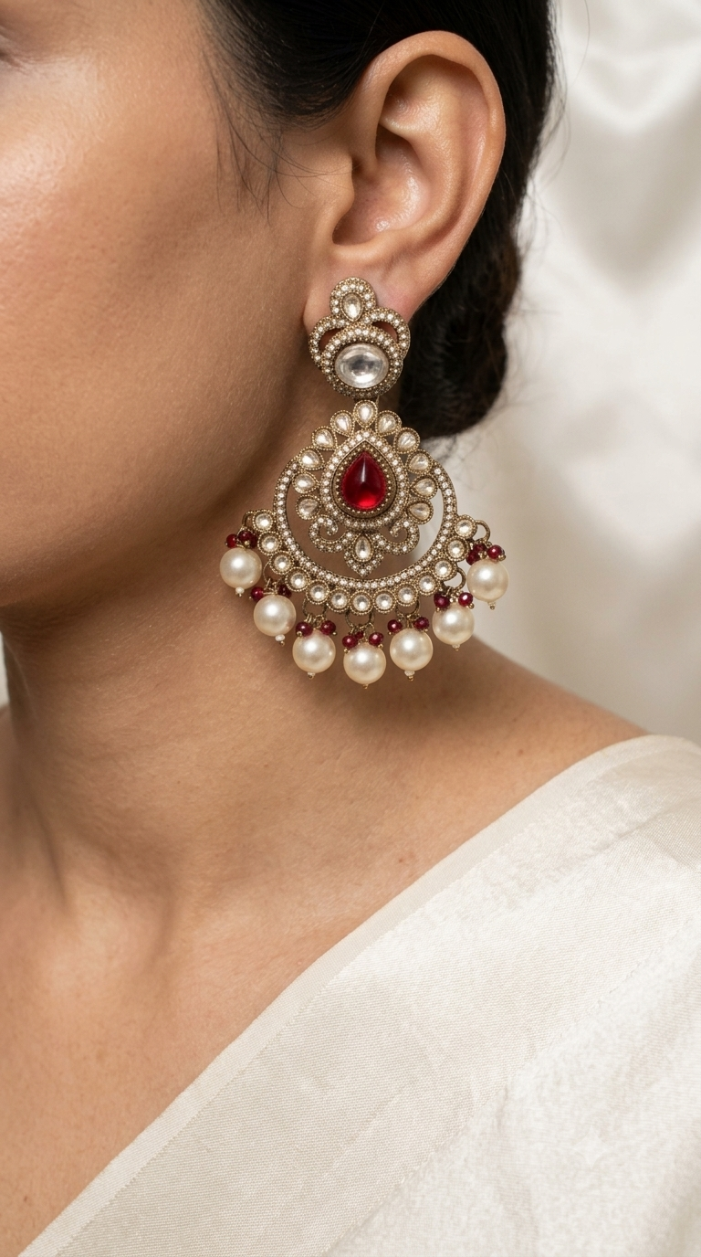 Maroon Red Kundan Chandbali Earrings with Pearl Drops