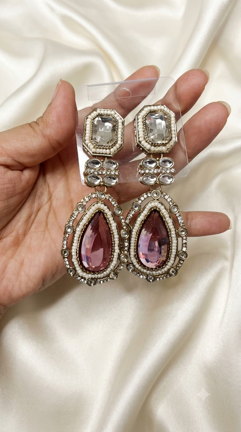 Blush Pink Crystal Drop Earrings with Pearl Border