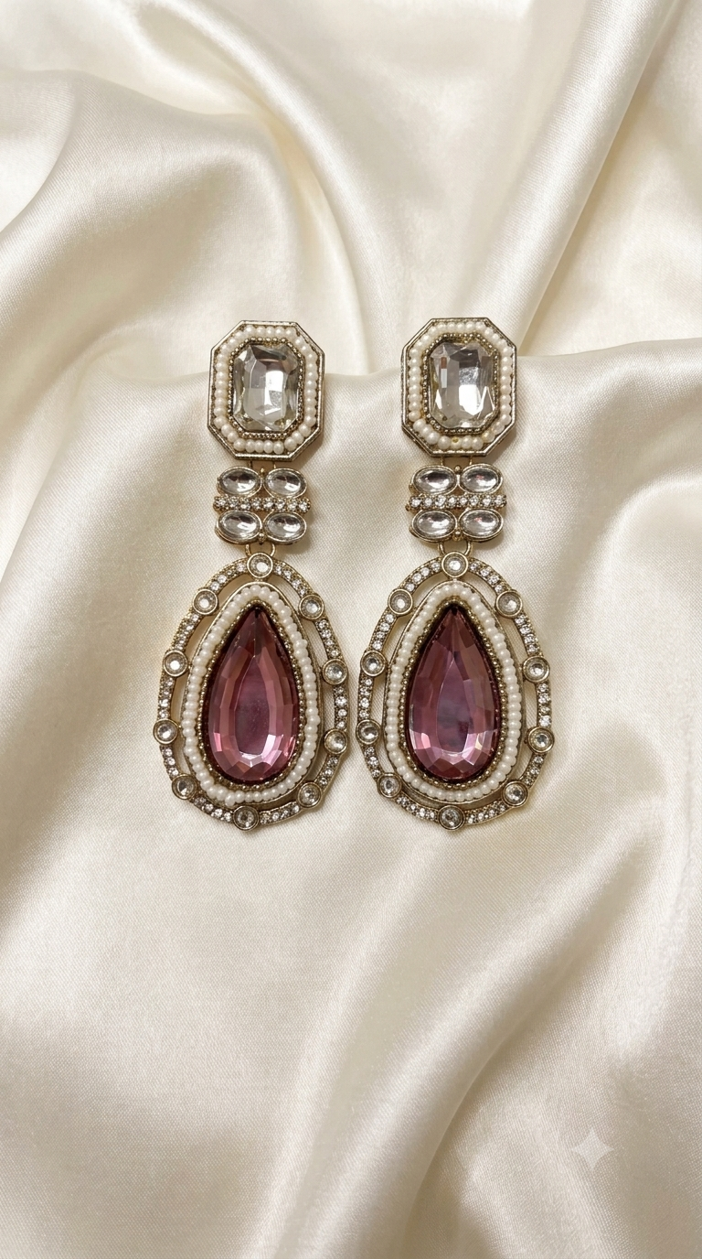 Blush Pink Crystal Drop Earrings with Pearl Border