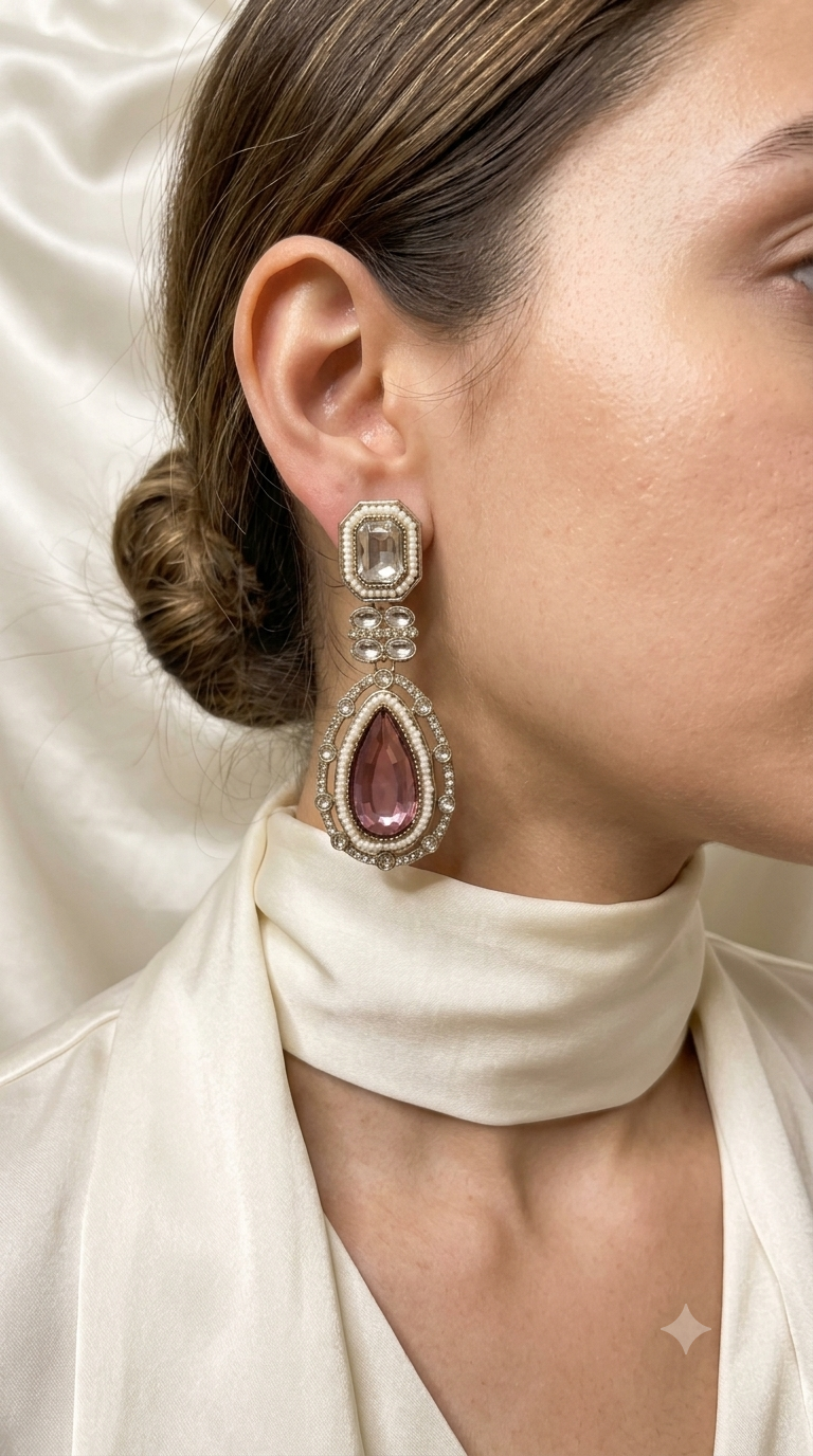Blush Pink Crystal Drop Earrings with Pearl Border
